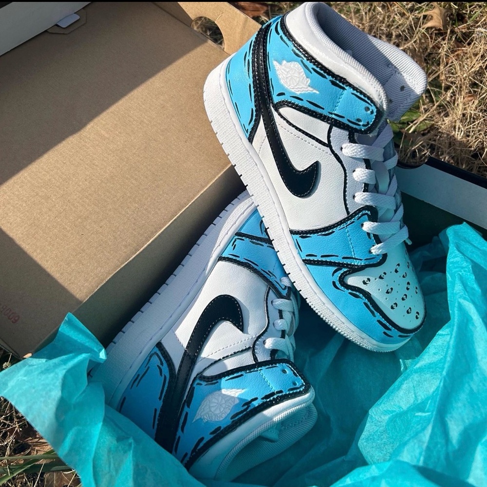 Custom Cartoon painted Kids Blue and White air Jordan Sneakers size 4.5 Y - Picture 11 of 15